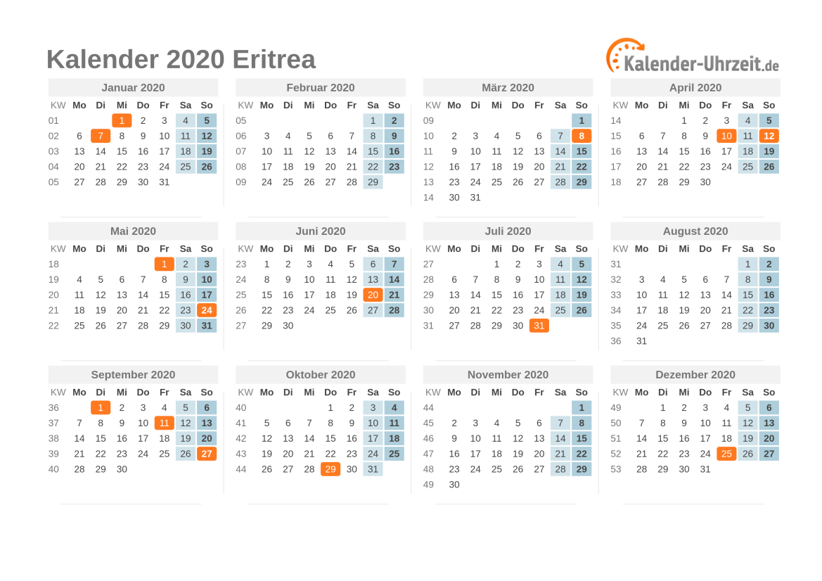 Kalender 2020 Eritrea mit Feiertagen