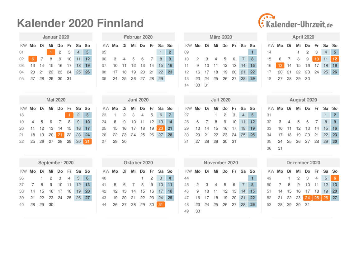 Kalender 2020 Finnland mit Feiertagen