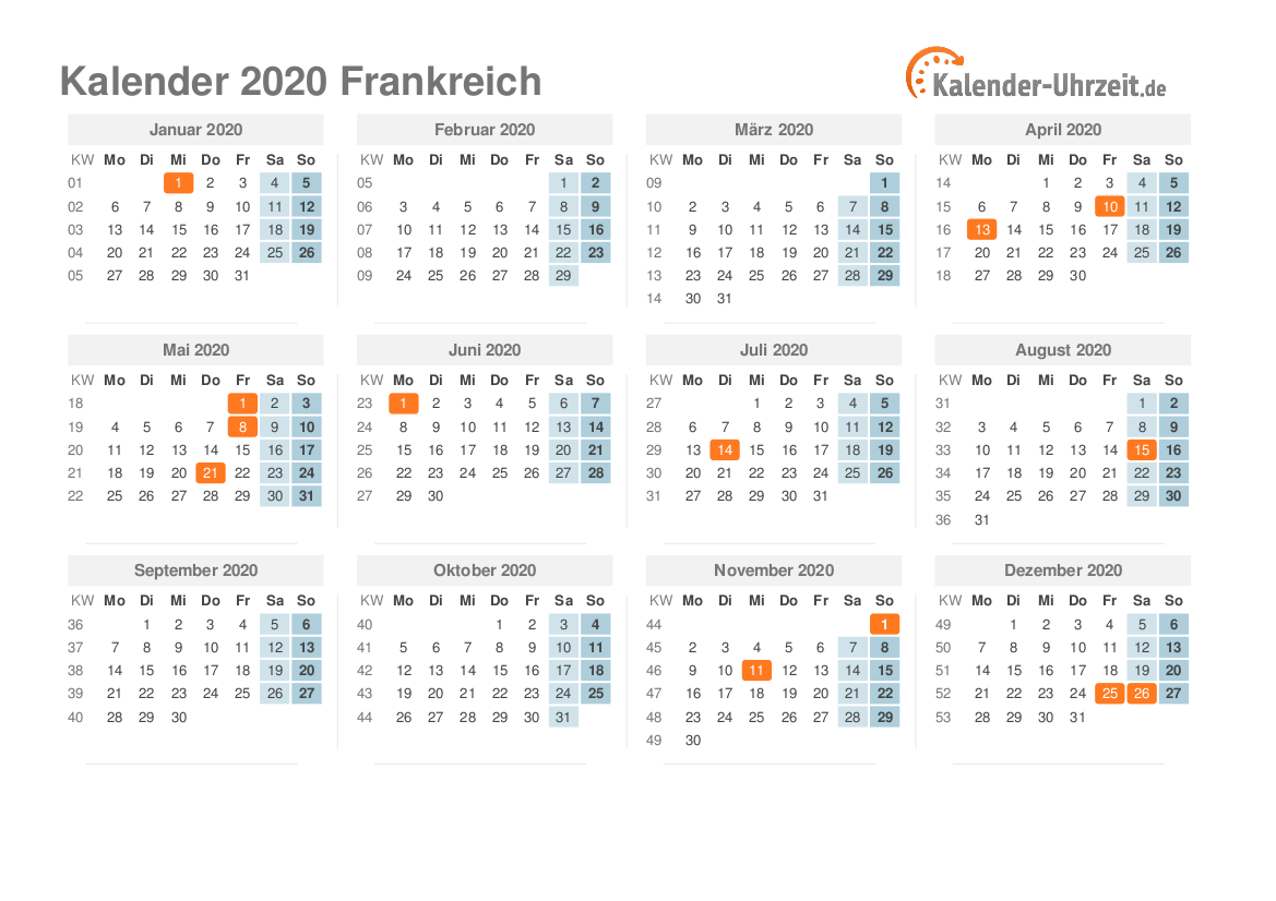 Kalender 2020 Frankreich mit Feiertagen