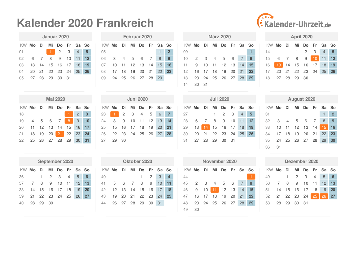 Kalender 2020 Frankreich mit Feiertagen zum Ausdrucken Kalender 2020 Frankreich mit Feiertagen