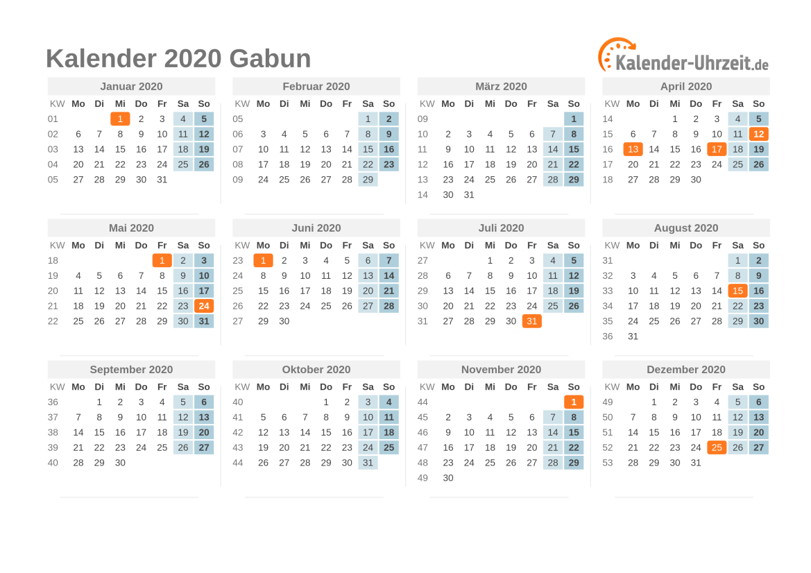 Kalender 2020 Gabun mit Feiertagen