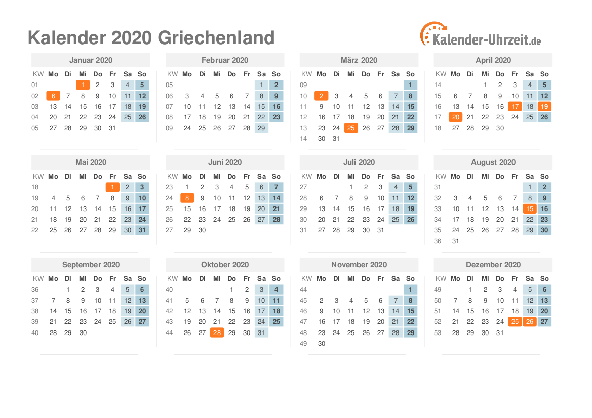Kalender 2020 Griechenland mit Feiertagen
