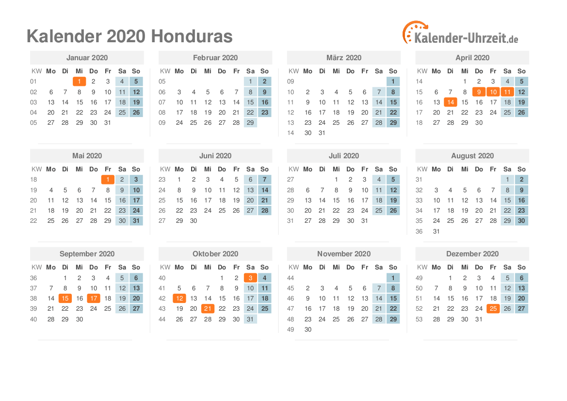 Kalender 2020 Honduras mit Feiertagen