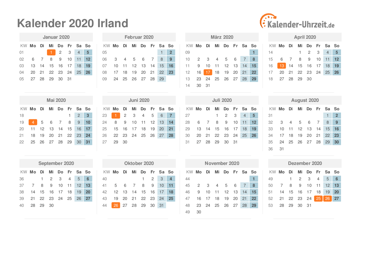 Kalender 2020 Irland mit Feiertagen