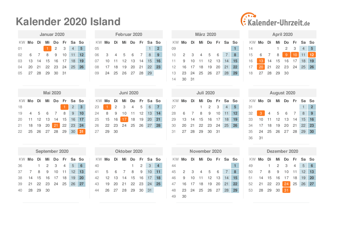 Kalender 2020 Island mit Feiertagen