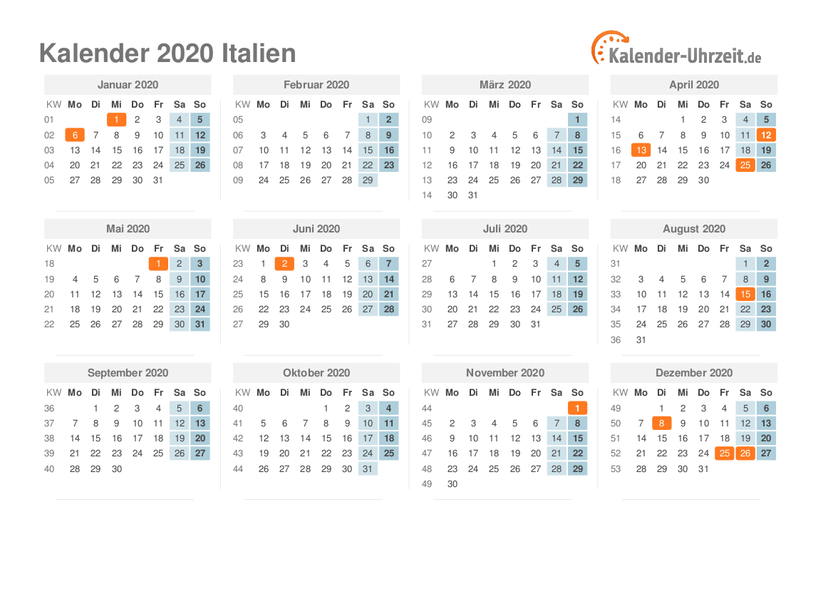Kalender 2020 Italien mit Feiertagen