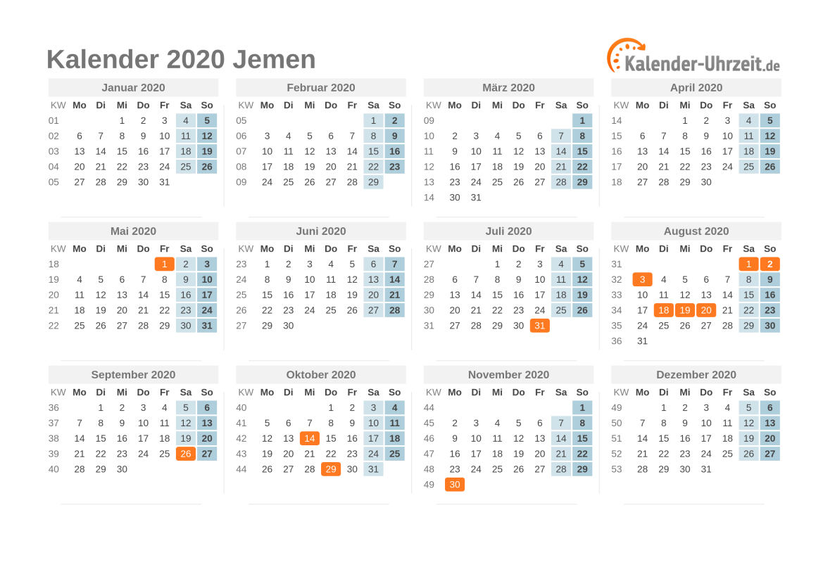 Kalender 2020 Jemen mit Feiertagen zum Ausdrucken Kalender 2020 Jemen mit Feiertagen