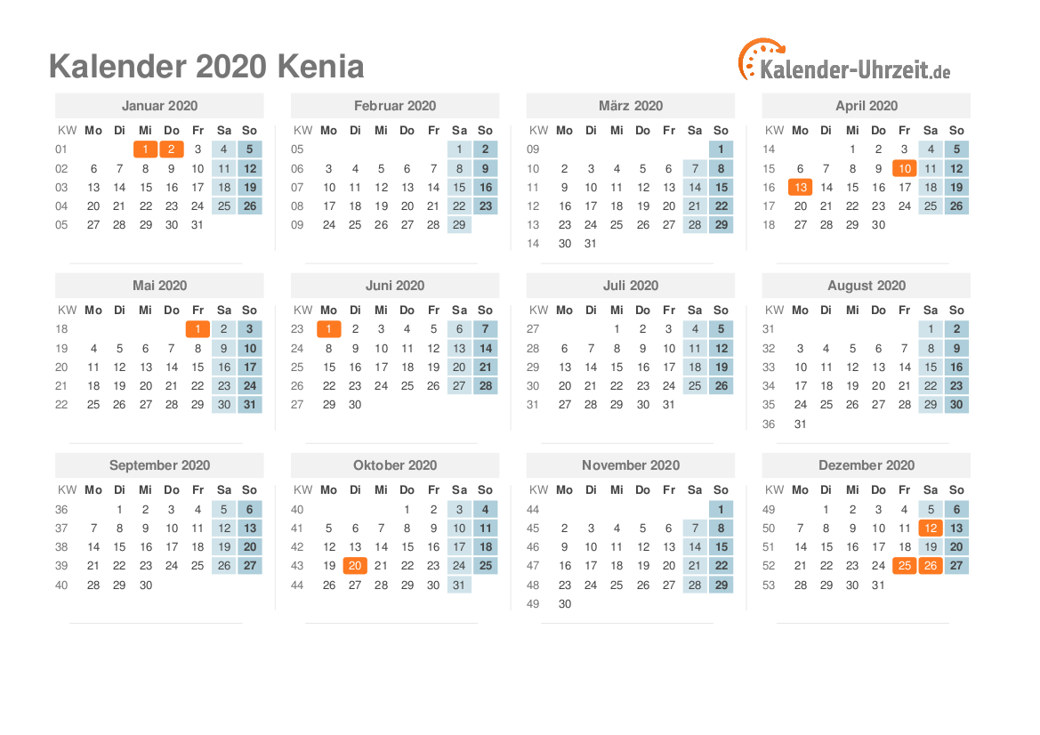 Kalender 2020 Kenia mit Feiertagen
