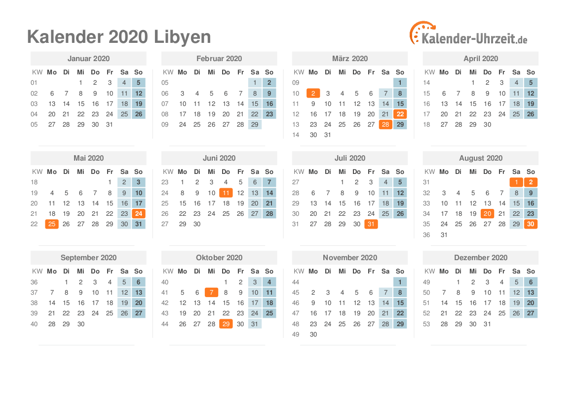 Kalender 2020 Libyen mit Feiertagen zum Ausdrucken Kalender 2020 Libyen mit Feiertagen