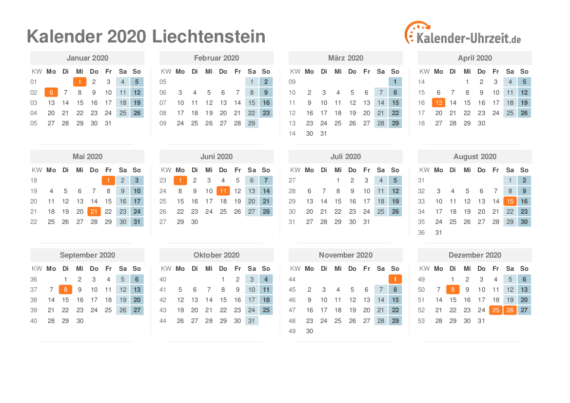 Kalender 2020 Liechtenstein mit Feiertagen