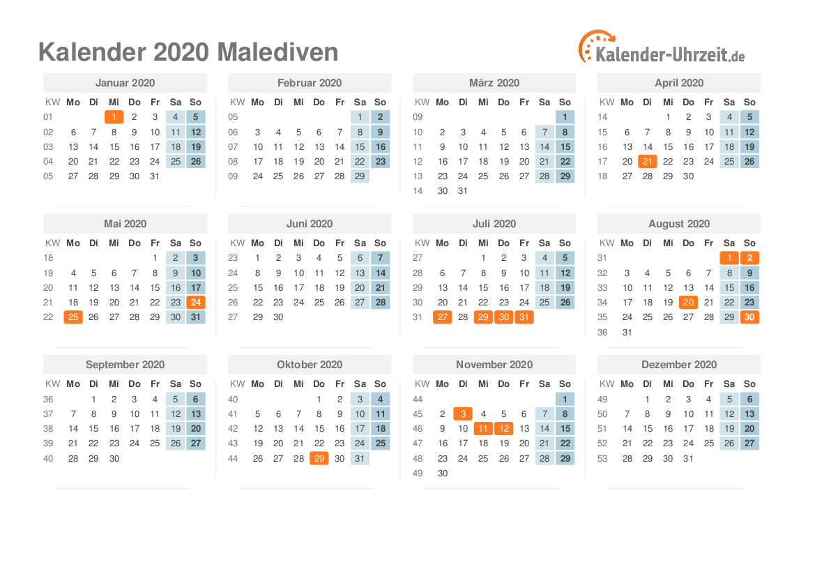 Feiertage 2020 Malediven Kalender Ubersicht