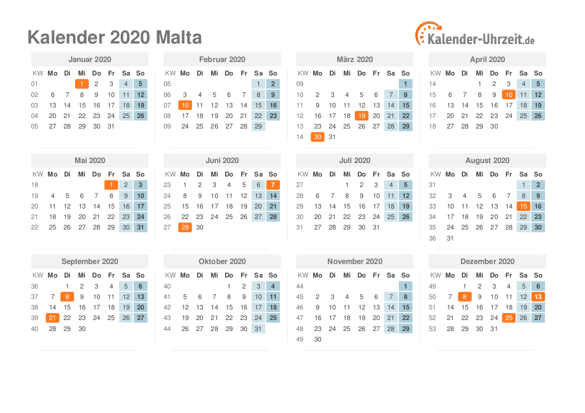 Kalender 2020 Malta mit Feiertagen