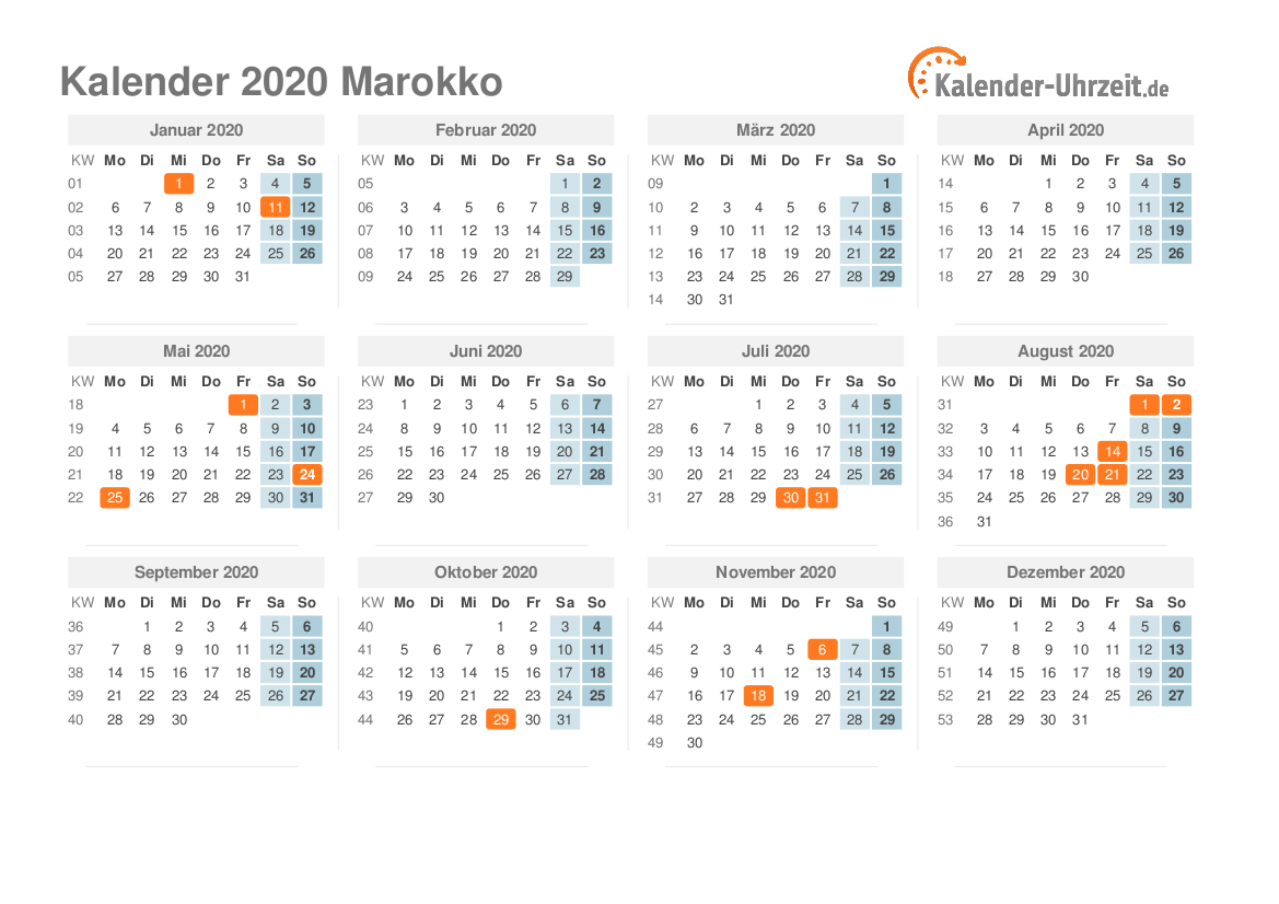 Kalender 2020 Marokko mit Feiertagen