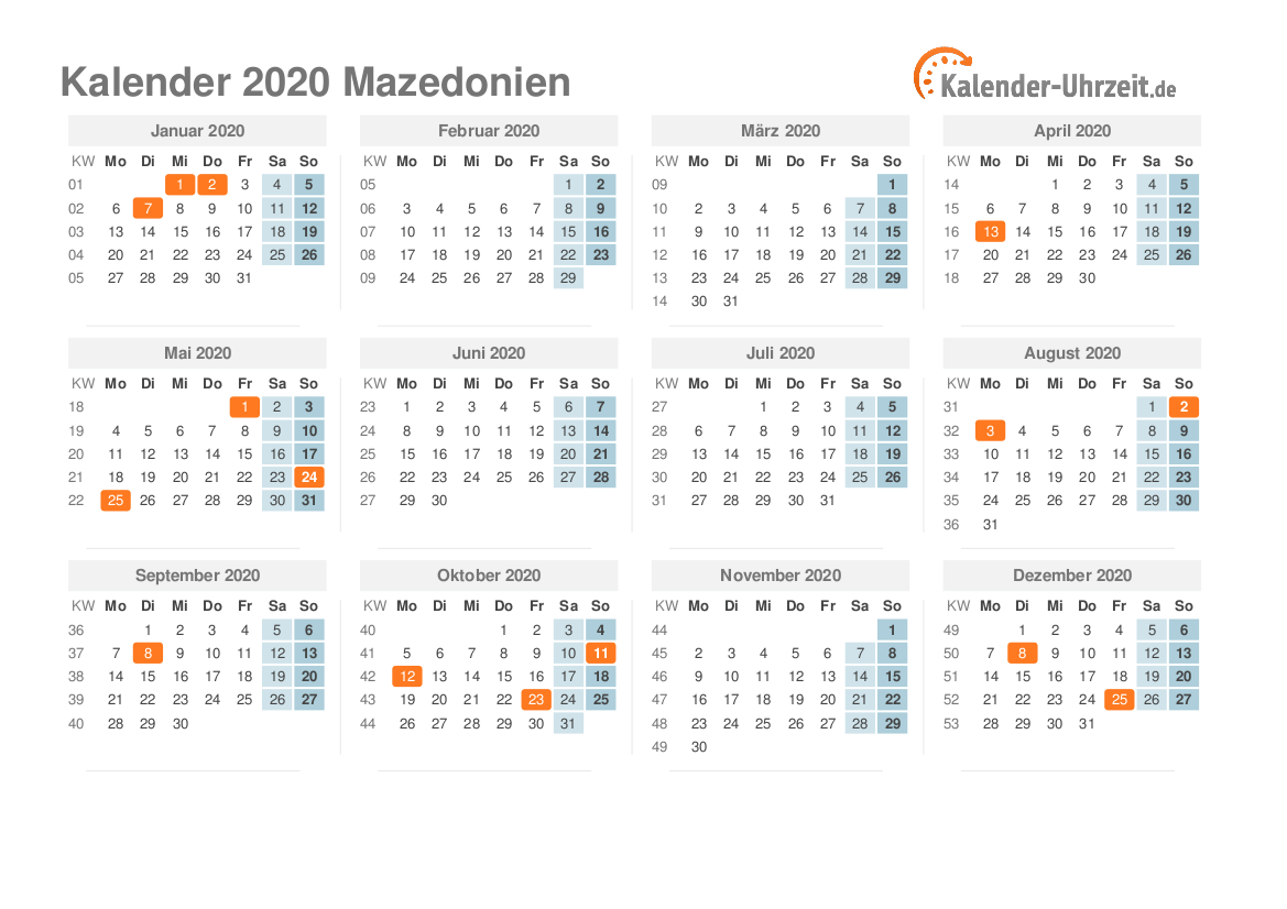 Kalender 2020 Mazedonien mit Feiertagen