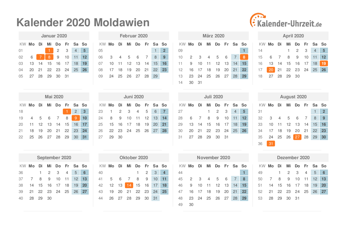 Kalender 2020 Moldawien mit Feiertagen