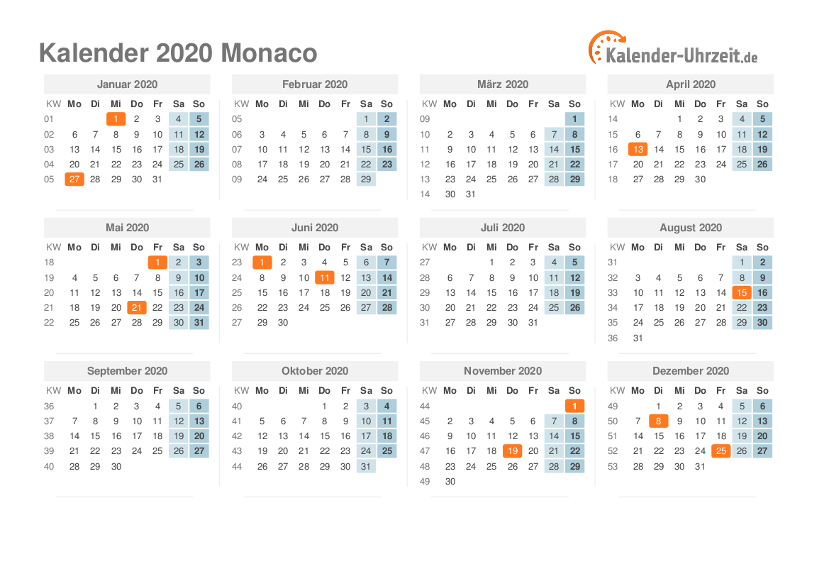Kalender 2020 Monaco mit Feiertagen