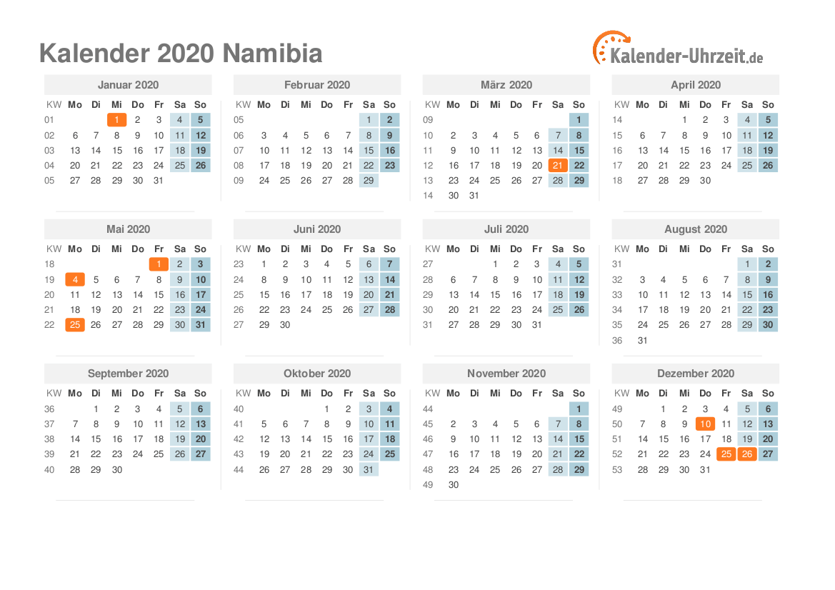 Kalender 2020 Namibia mit Feiertagen
