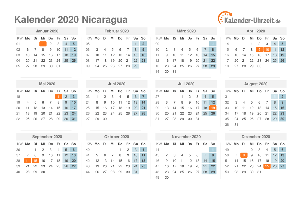 Kalender 2020 Nicaragua mit Feiertagen