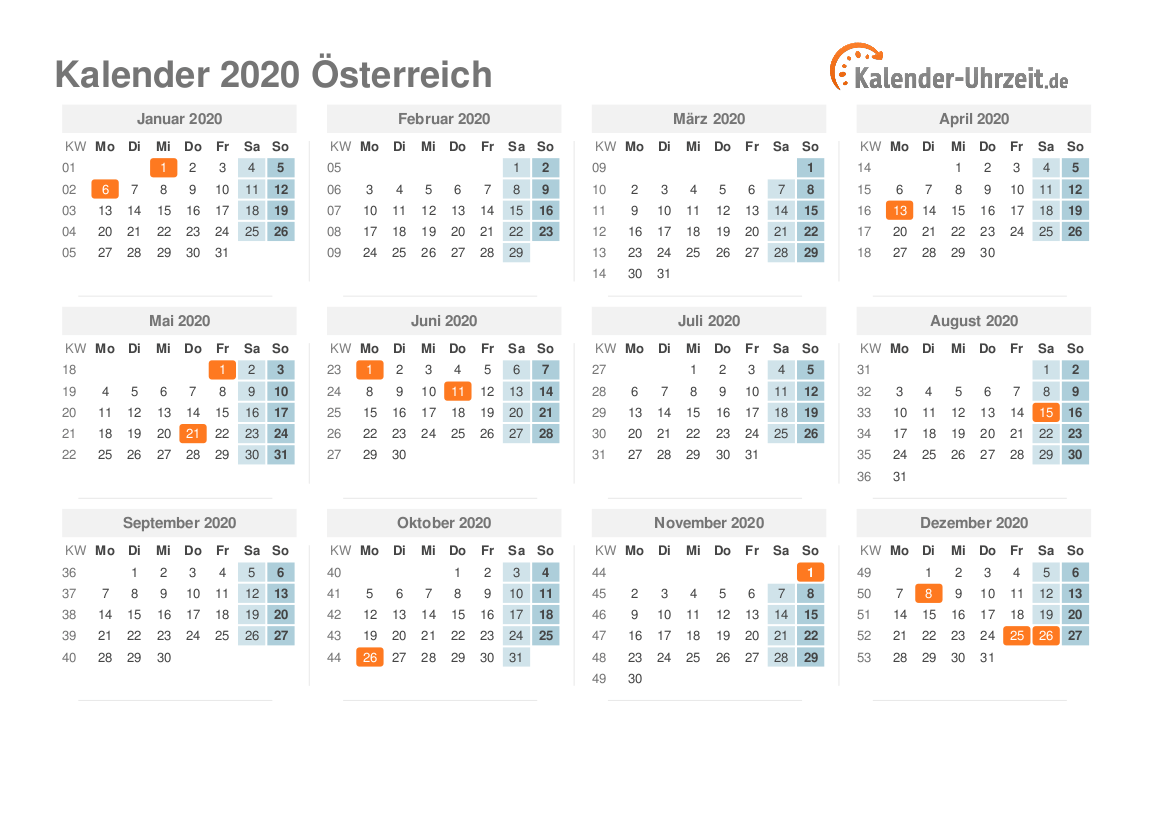 Kalender 2020 Österreich mit Feiertagen
