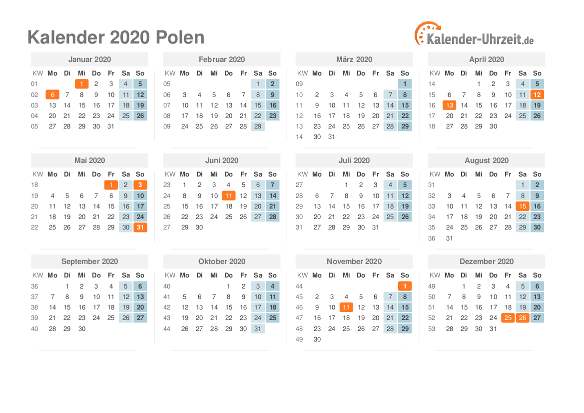 Kalender 2020 Polen mit Feiertagen