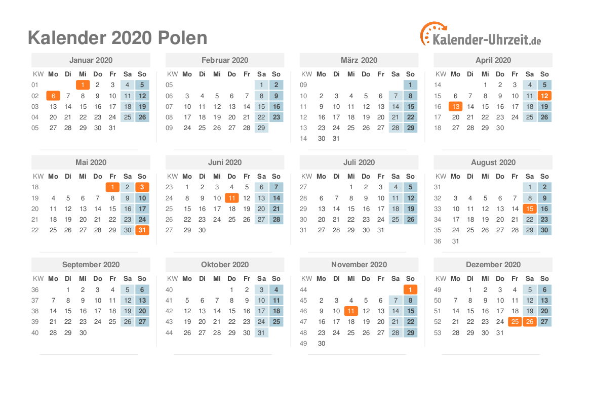 Kalender 2020 Polen mit Feiertagen zum Ausdrucken Kalender 2020 Polen mit Feiertagen