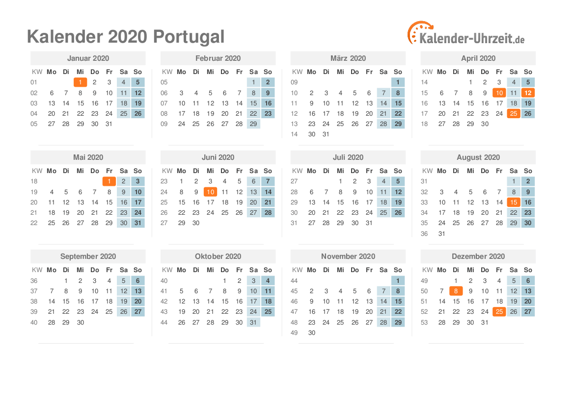 Kalender 2020 Portugal mit Feiertagen