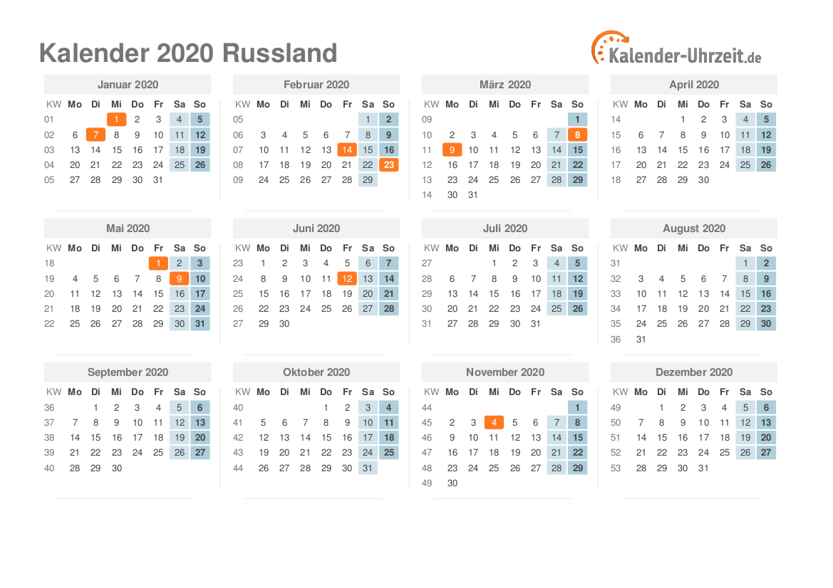 Kalender 2020 Russland mit Feiertagen