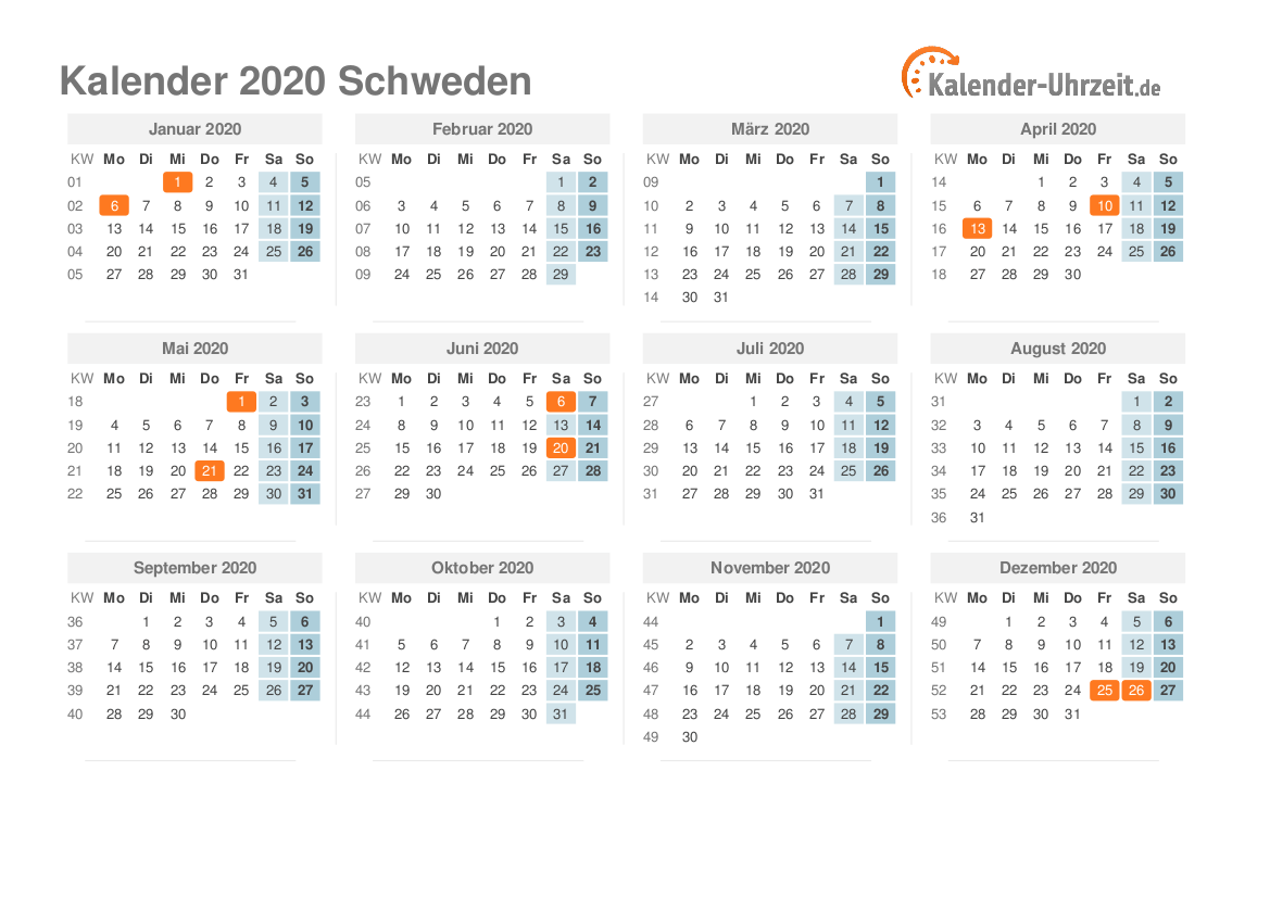 Kalender 2020 Schweden mit Feiertagen