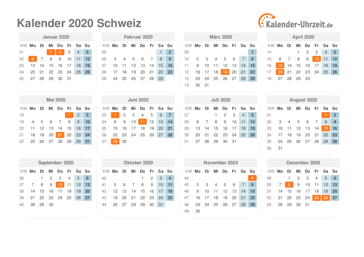 Kalender 2020 Schweiz mit Feiertagen