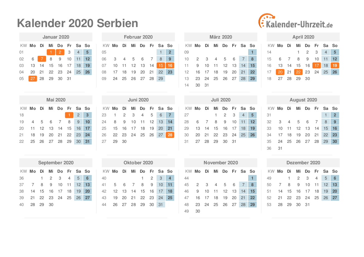 Kalender 2020 Serbien mit Feiertagen