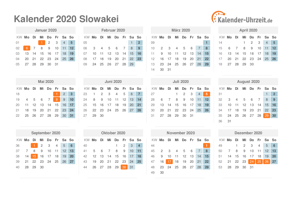 Kalender 2020 Slowakei mit Feiertagen zum Ausdrucken Kalender 2020 Slowakei mit Feiertagen