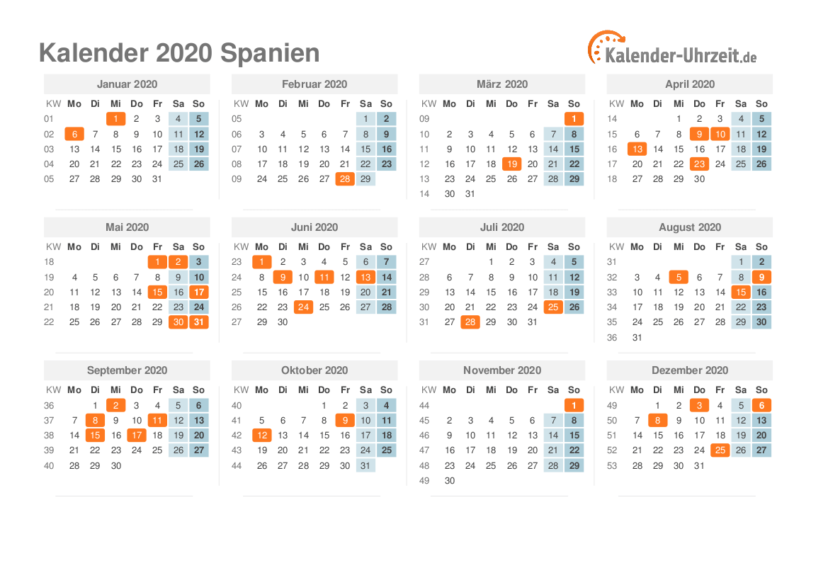 Kalender 2020 Spanien mit Feiertagen