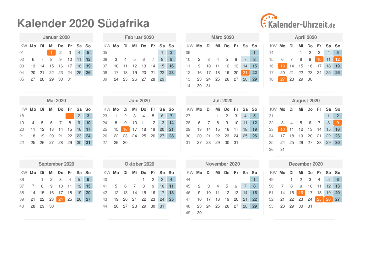 Kalender 2020 Südafrika mit Feiertagen