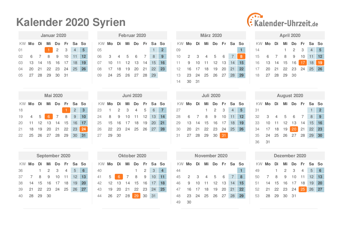Kalender 2020 Syrien mit Feiertagen zum Ausdrucken Kalender 2020 Syrien mit Feiertagen