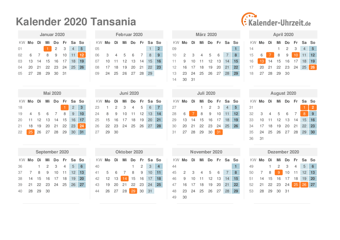 Kalender 2020 Tansania mit Feiertagen