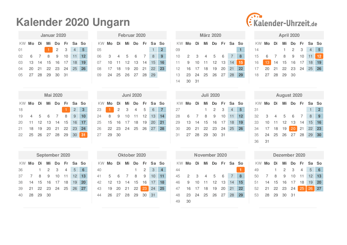 Kalender 2020 Ungarn mit Feiertagen zum Ausdrucken Kalender 2020 Ungarn mit Feiertagen