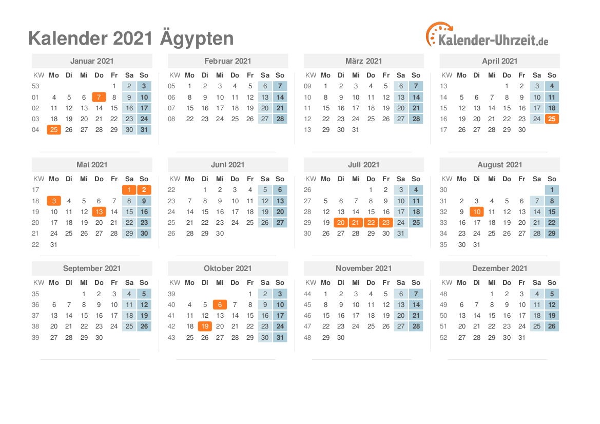 Kalender 2021 Ägypten mit Feiertagen zum Ausdrucken Kalender 2021 Ägypten mit Feiertagen