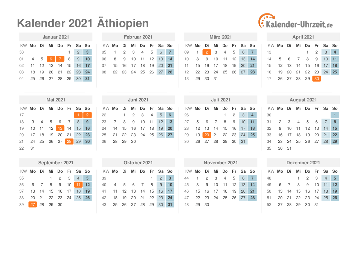 Kalender 2021 Äthiopien mit Feiertagen