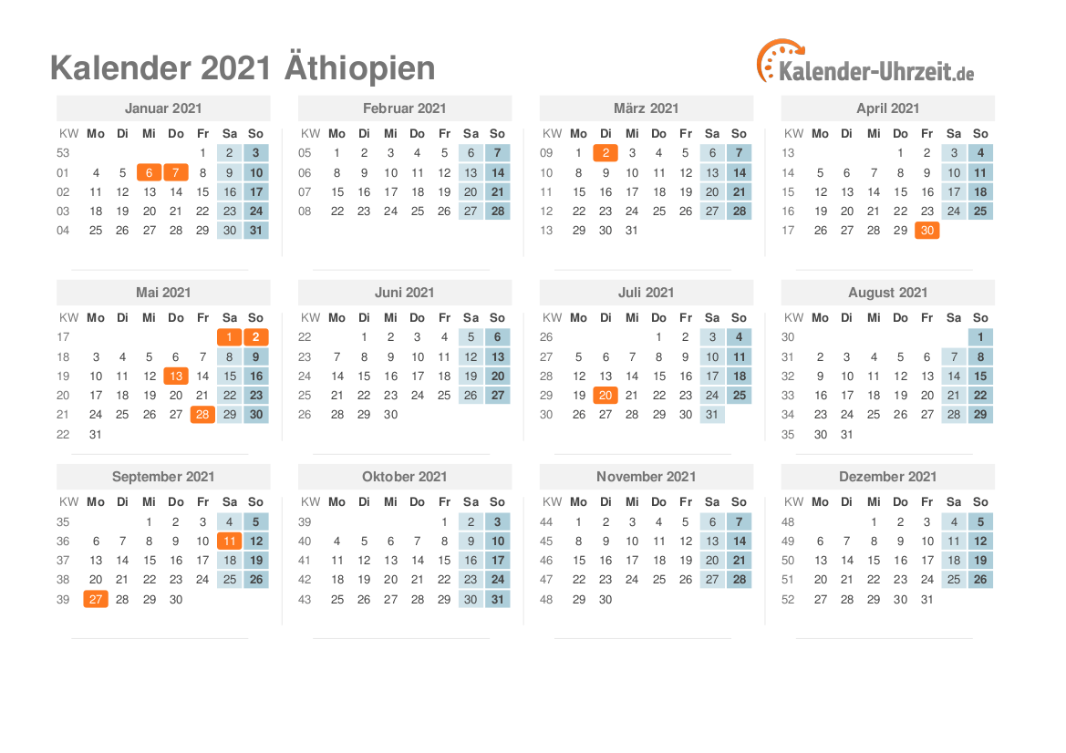 Kalender 2021 Äthiopien mit Feiertagen zum Ausdrucken Kalender 2021 Äthiopien mit Feiertagen