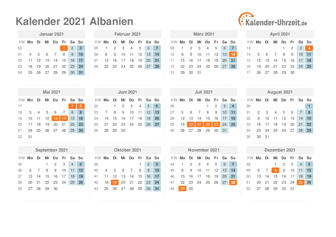 Kalender 2021 Albanien mit Feiertagen