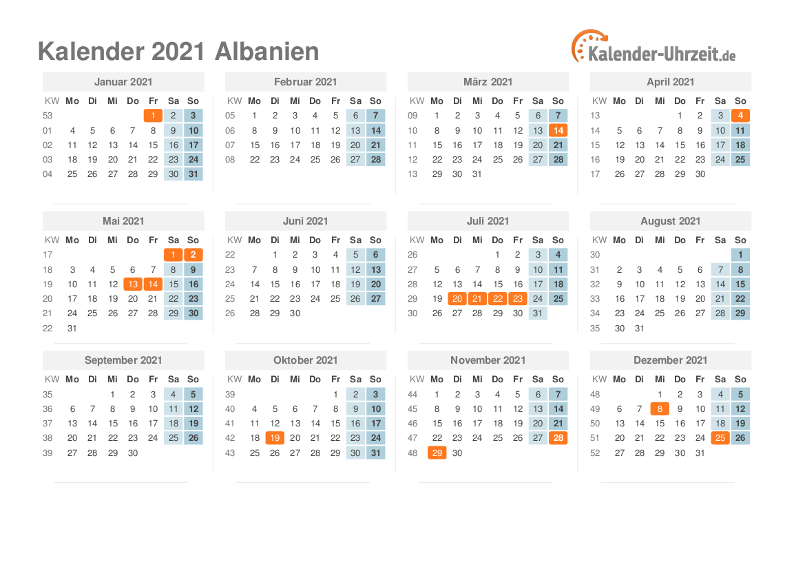 Kalender 2021 Albanien mit Feiertagen zum Ausdrucken Kalender 2021 Albanien mit Feiertagen