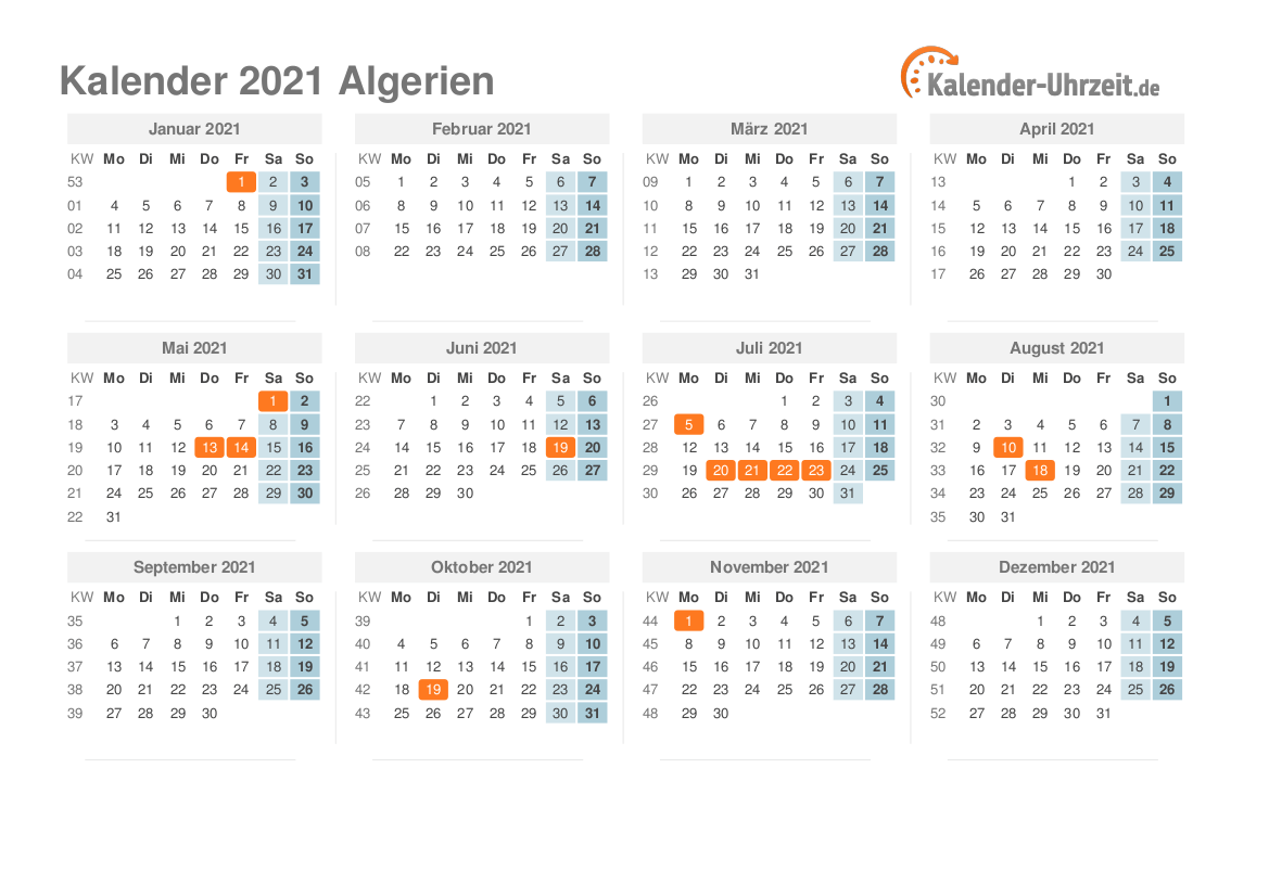 Kalender 2021 Algerien mit Feiertagen