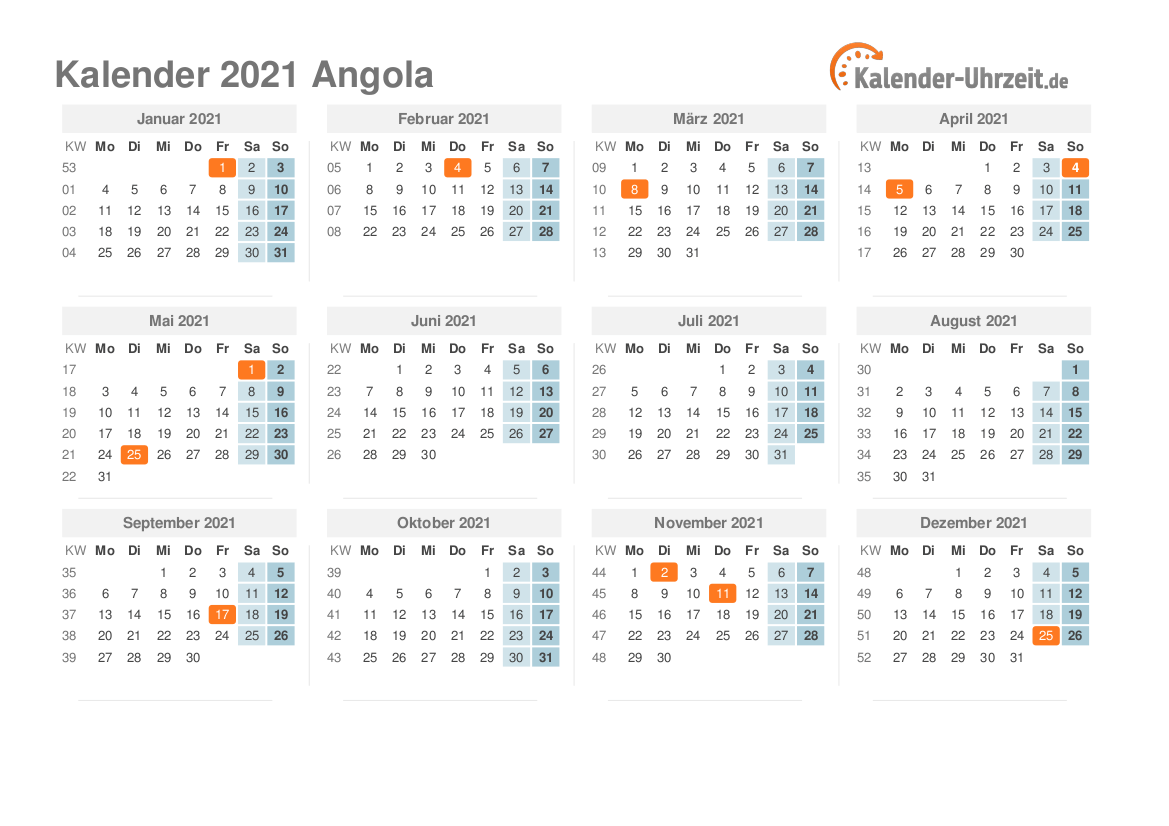 Kalender 2021 Angola mit Feiertagen