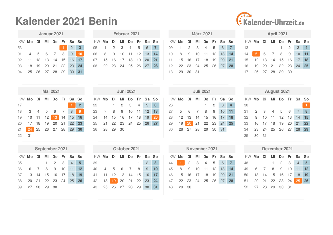 Kalender 2021 Benin mit Feiertagen zum Ausdrucken Kalender 2021 Benin mit Feiertagen