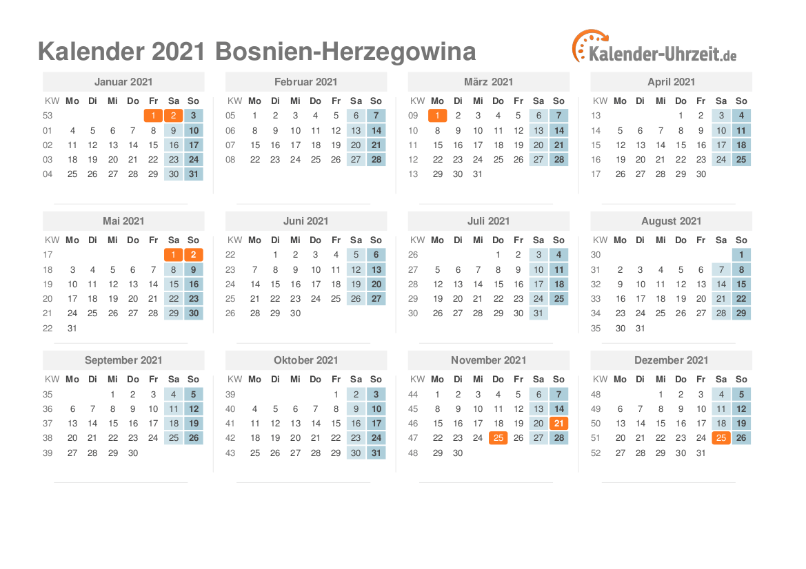 Kalender 2021 Bosnien-Herzegowina mit Feiertagen