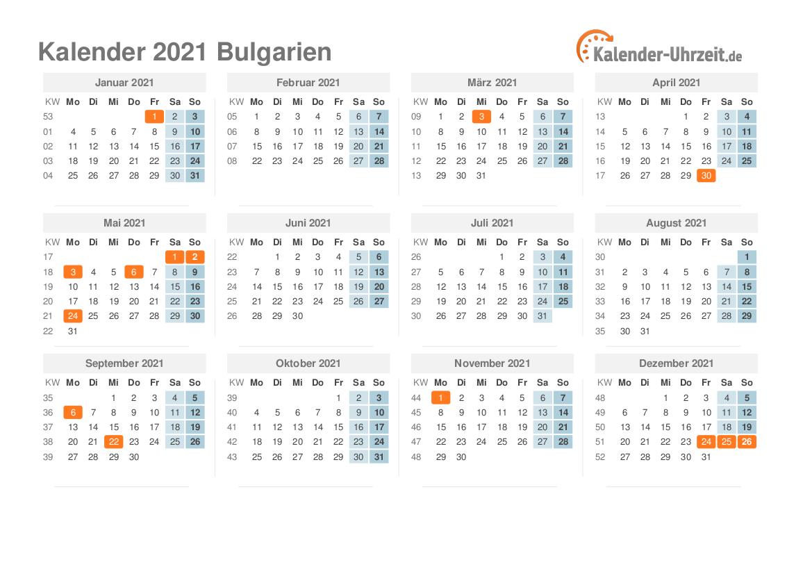 Kalender 2021 Bulgarien mit Feiertagen