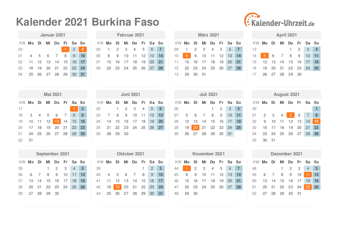 Kalender 2021 Burkina Faso mit Feiertagen zum Ausdrucken Kalender 2021 Burkina Faso mit Feiertagen