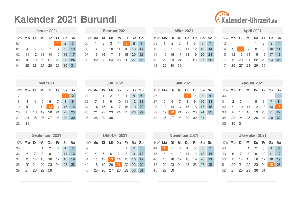 Kalender 2021 Burundi mit Feiertagen
