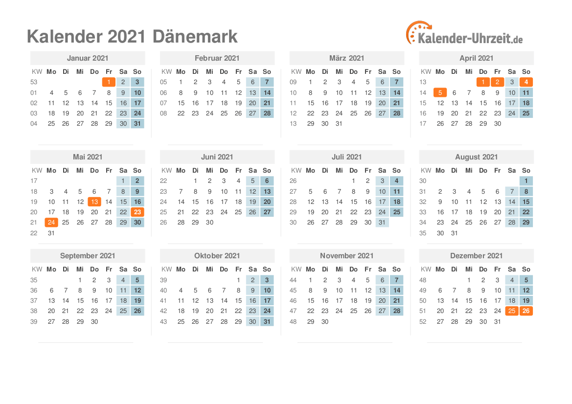 Kalender 2021 Dänemark mit Feiertagen