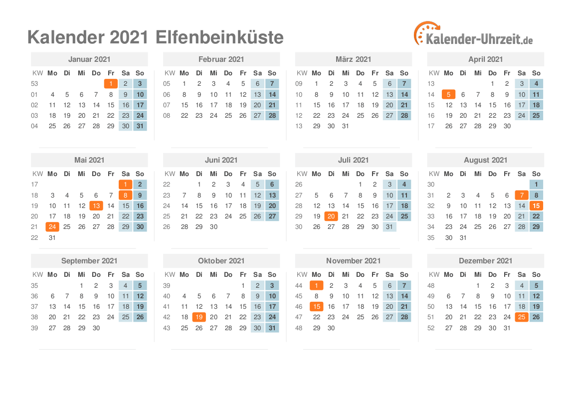 Kalender 2021 Elfenbeinküste mit Feiertagen zum Ausdrucken Kalender 2021 Elfenbeinküste mit Feiertagen